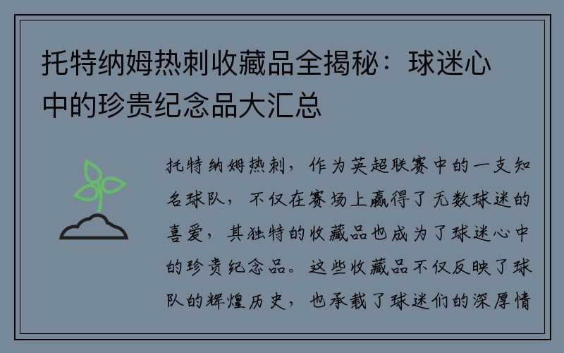 托特纳姆热刺收藏品全揭秘：球迷心中的珍贵纪念品大汇总