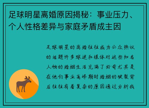 足球明星离婚原因揭秘：事业压力、个人性格差异与家庭矛盾成主因