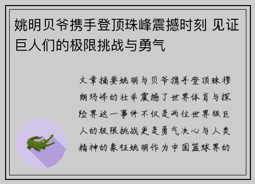 姚明贝爷携手登顶珠峰震撼时刻 见证巨人们的极限挑战与勇气