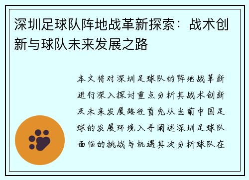 深圳足球队阵地战革新探索：战术创新与球队未来发展之路